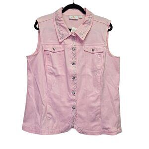 Quacker Factory Pink Rhinestone Embellished Sleeveless Button Up Shirt Large Art